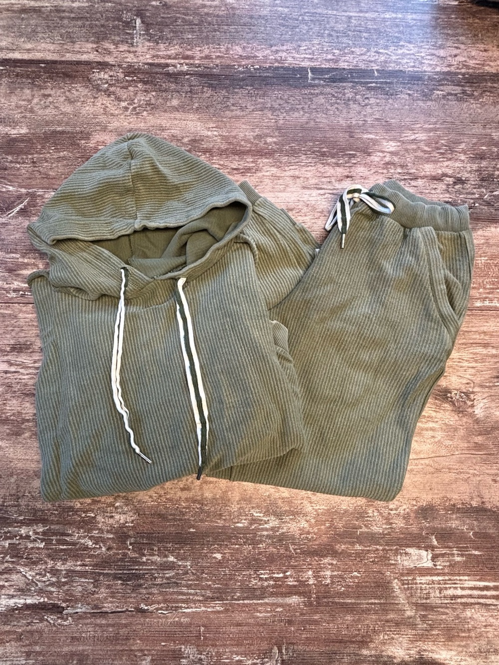 Aerie Loungewear Hooded Sweatshirt Jogger Pants Olive Ribbed Set Comfy Small/Med